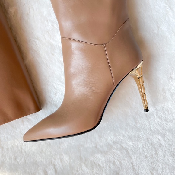 $725 Loriblu Made In Italy Camel Taupe Knee High Boots High Heel Pointy Toe 40IT - Picture 6 of 15